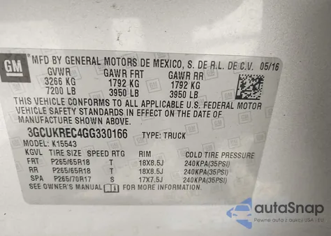 2016 Chevrolet Silverado 1500 2Lt из США, поврежденный, VIN 3GCUKREC4GG330166